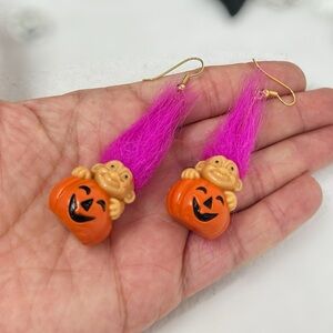 Russ Trolls Halloween Earrings Pink Hair Orange Pumpkin Trolls Dangle Earrings
